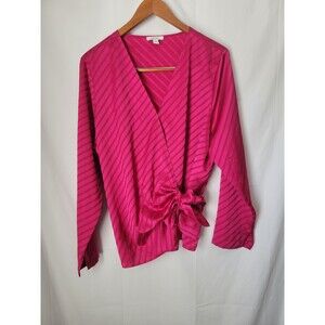 Nine West Women's XXL Fuchsia Pink Striped Wrap Blouse Tie Front Long Sleeve Top